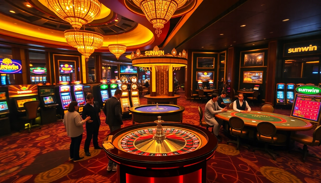 Experience the thrill of sunwin as players enjoy a luxurious casino atmosphere with lively roulette and poker games.