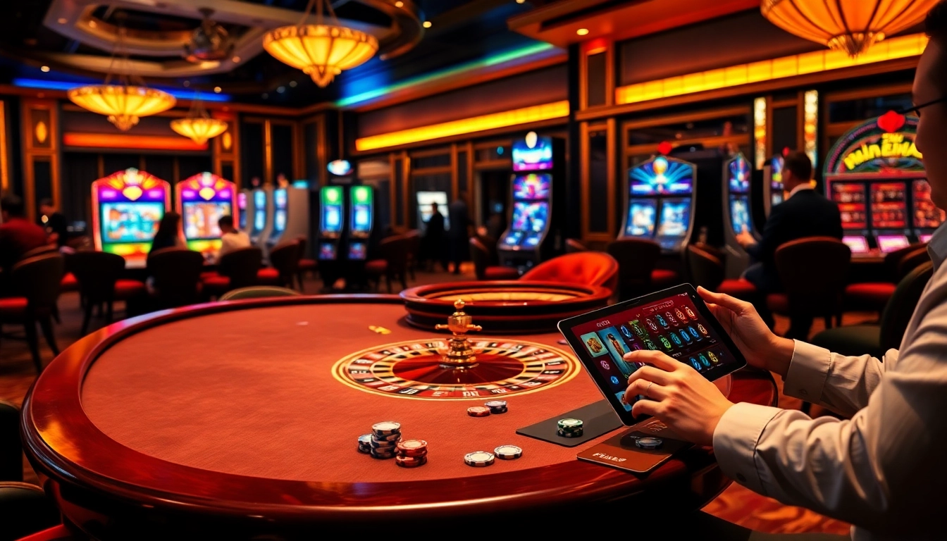 Gamblers enjoying the thrill of the game at trang chủ thabet with vibrant casino equipment.