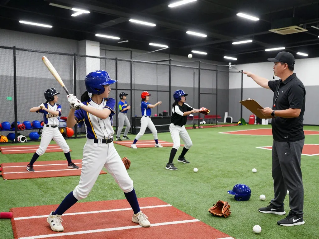 Youth athletes at Hitclub batting practice, showcasing diverse training with focus and energy in a modern baseball facility.