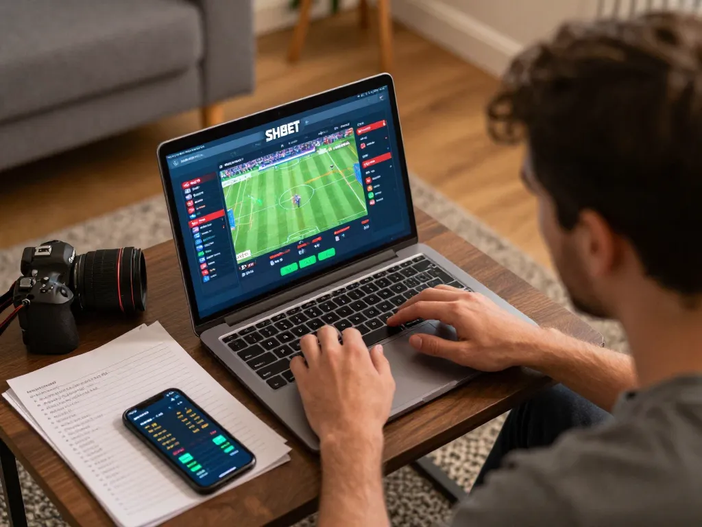 Player engaging in SHBET online sports betting with focused strategy and live odds displayed on screen.