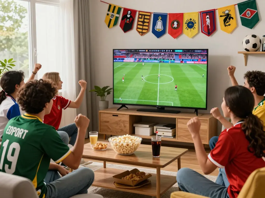 Okwintv live football viewing party in a vibrant home setting with enthusiastic fans, snacks, and team jerseys.