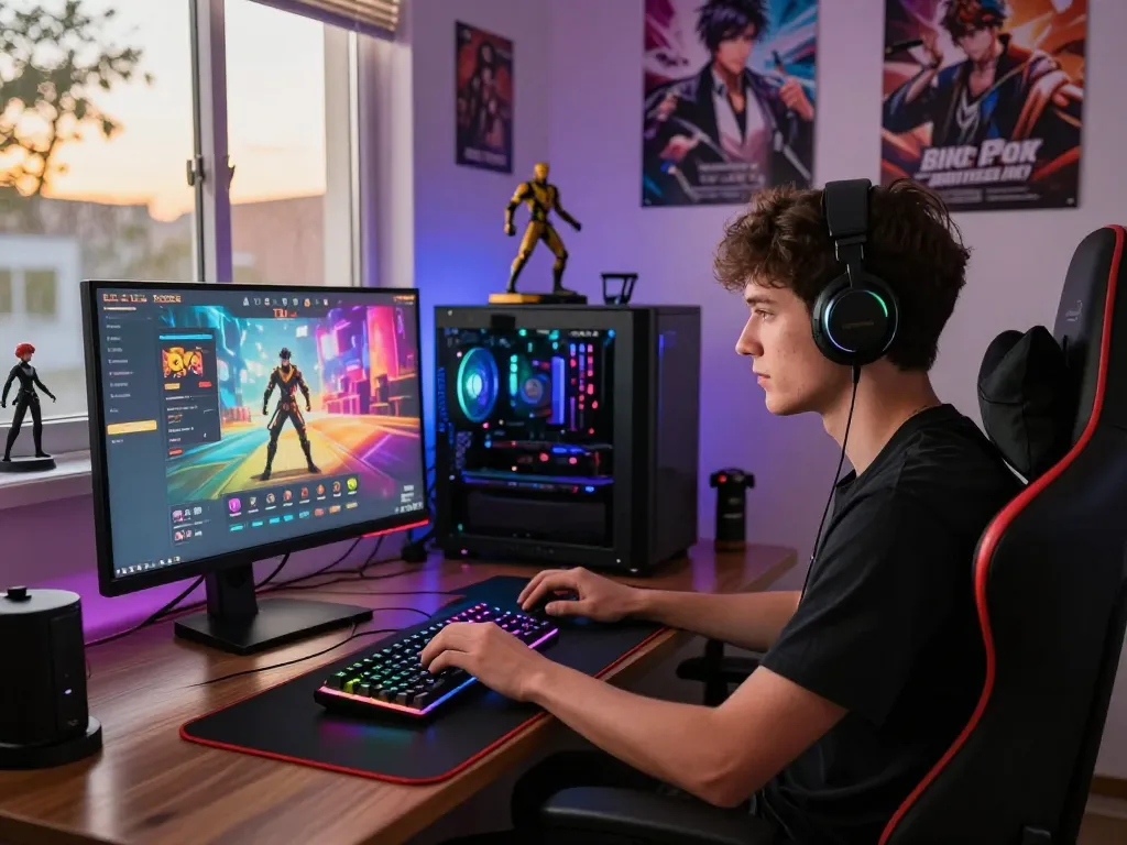 Gamer playing a vibrant porn game on a modern gaming setup, showcasing immersive adult entertainment.