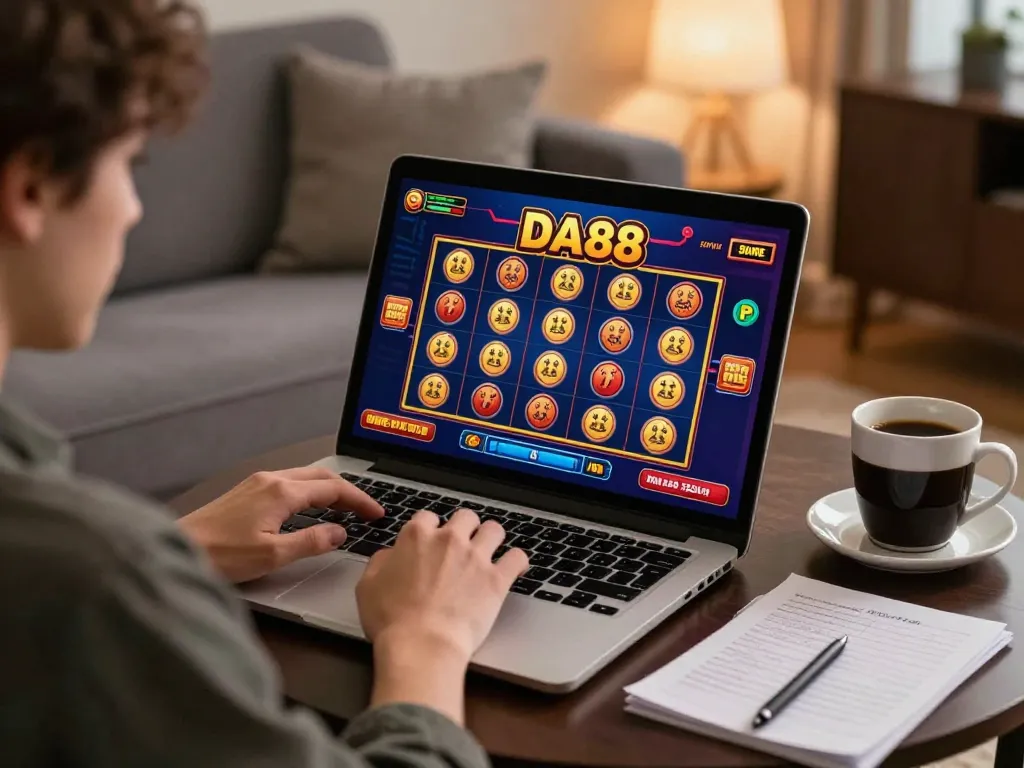 Player engages in online DA88 casino game at home, showcasing relaxed atmosphere and strategic gaming.