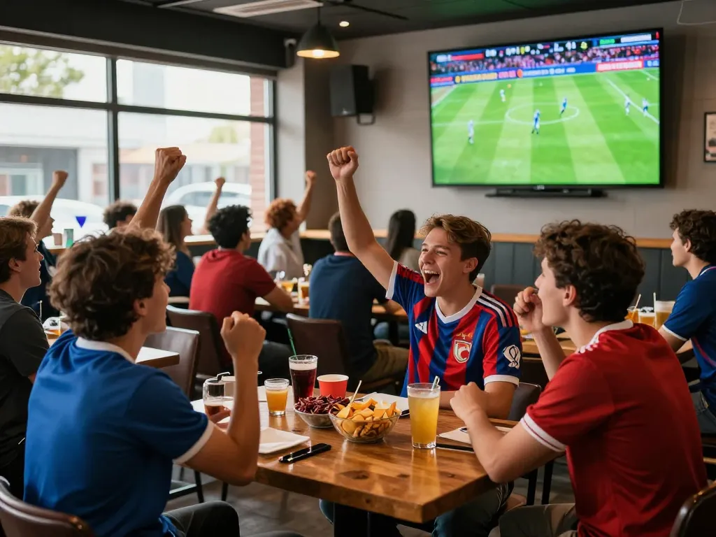 Xem bóng đá Cakhia TV live at a vibrant sports bar with cheering fans and HD screens.
