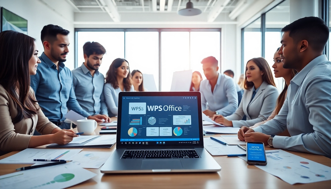 团队在现代办公室中协作，设备上使用WPS Office，展现出高效的生产力。