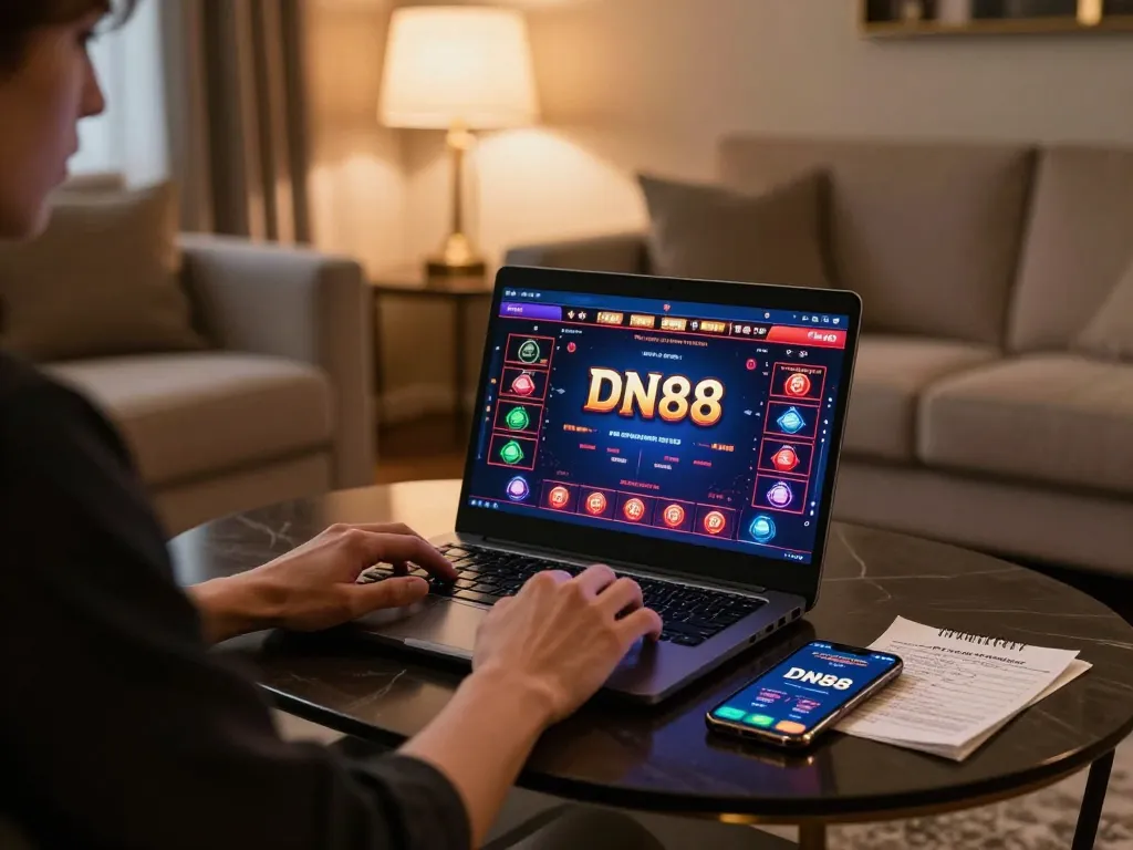 Engaging with DN88 online casino on a laptop in a cozy living room.