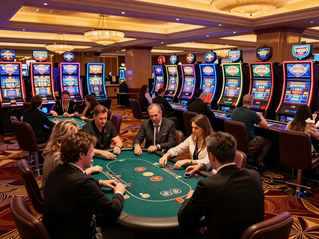 Players enjoy a thrilling game at SumClub's vibrant casino floor, showcasing diverse gaming options.