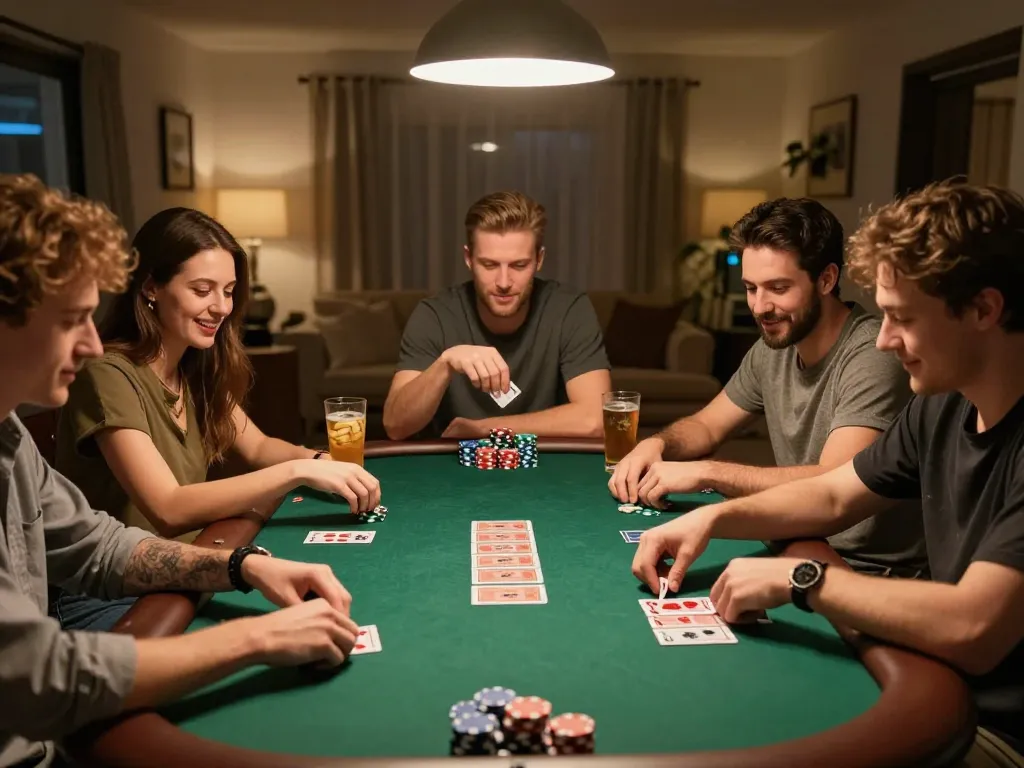 Friends enjoy poker night at home while strategizing their next moves with rik vip.