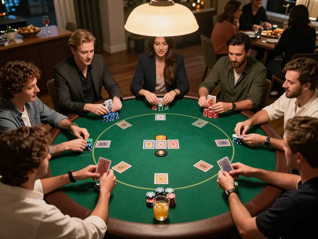 KWIN poker game night with friends showcasing chips, cards, and excitement in a cozy home setting.