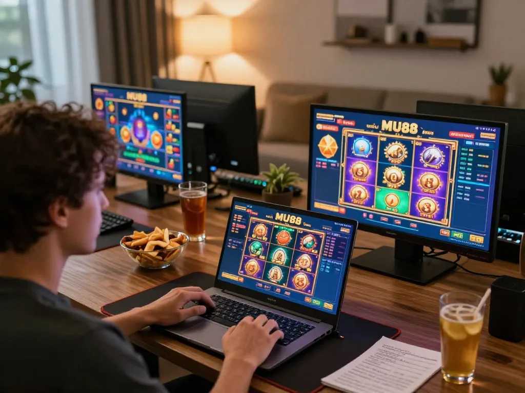 Player engaging with the MU88 casino app on multiple screens, enjoying a vibrant online gaming experience
