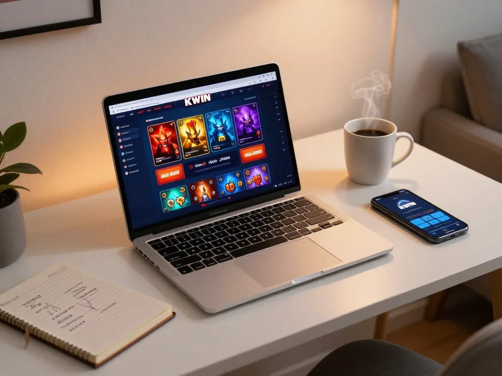 Kwin online casino gaming setup with modern laptop displaying vibrant game interface and personal strategy notes.