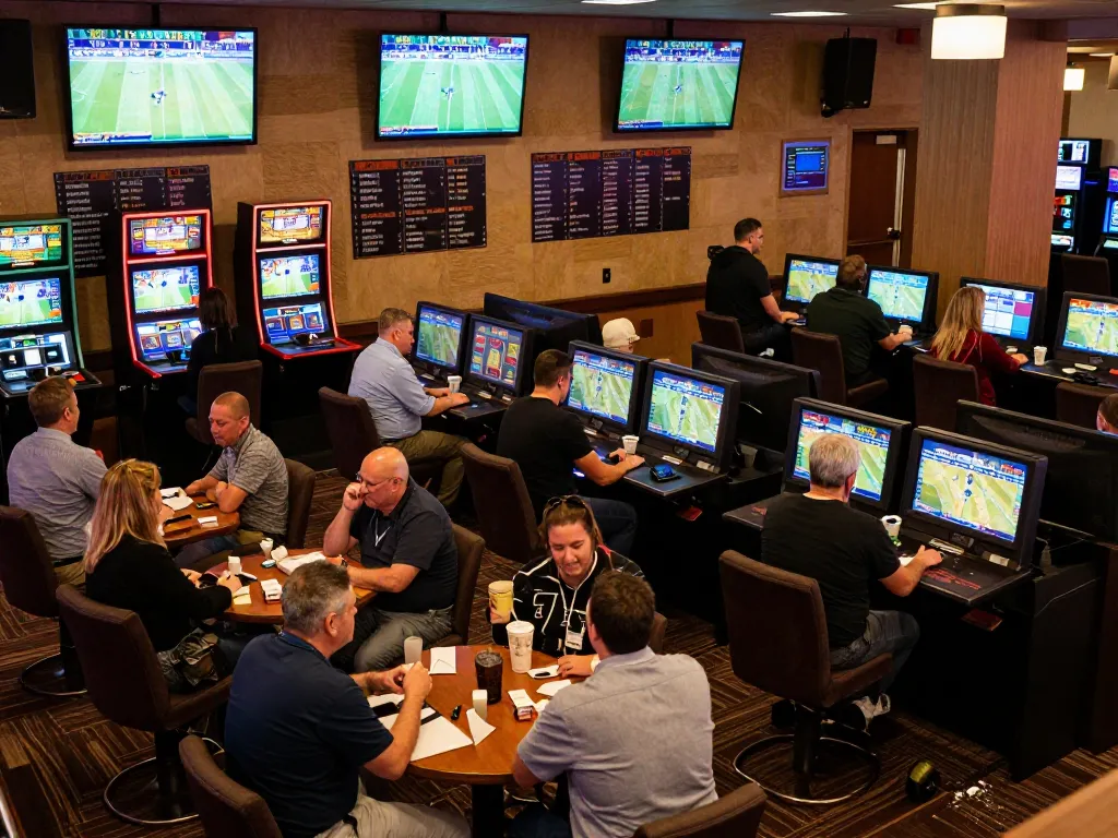 Engaged bettors analyzing odds at GA6789 sports betting lounge during a live event.
