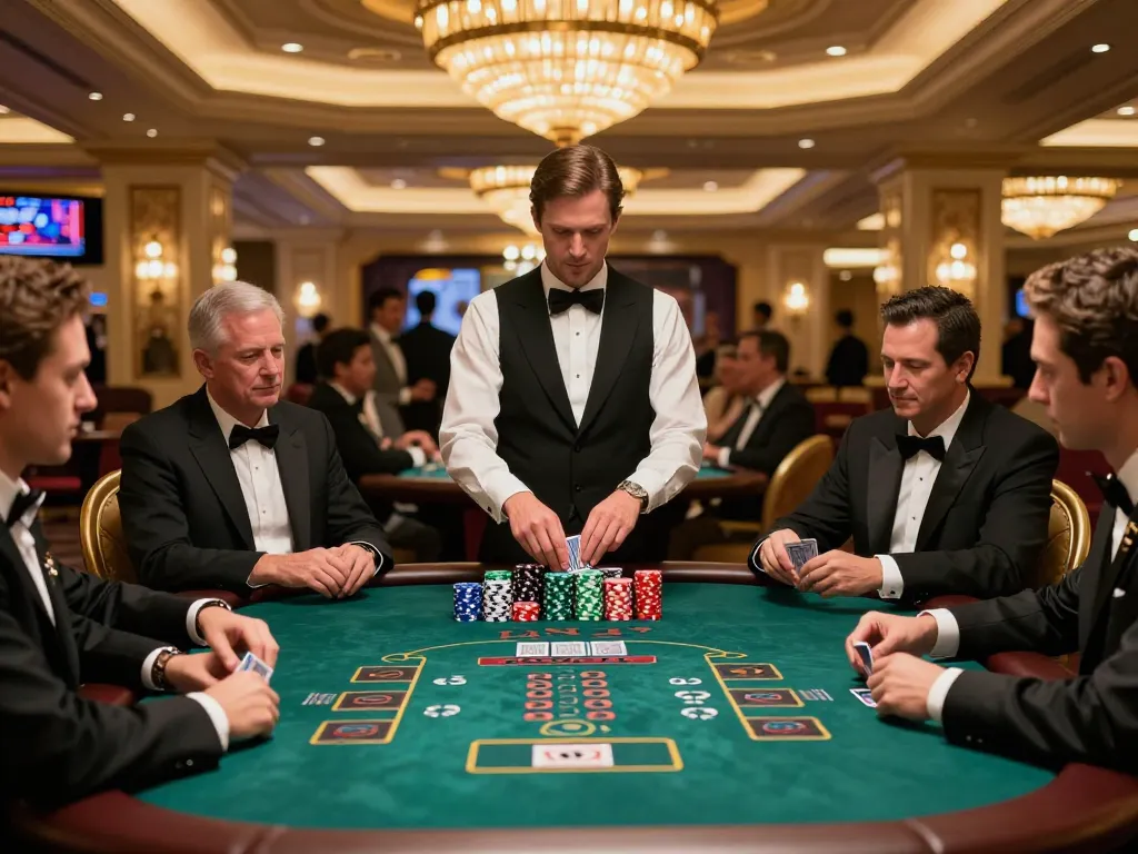 Engaging blackjack gameplay at a high-stakes table in a luxurious casino, showcasing intense players and vibrant bu88 chips