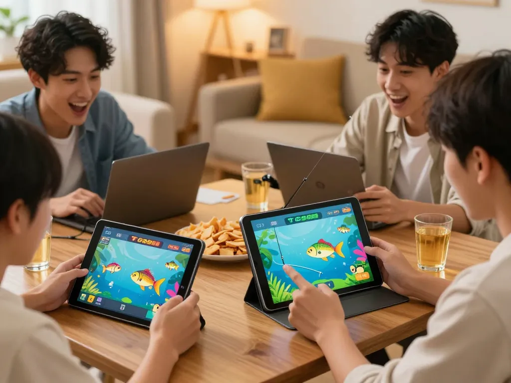 Players enjoying mobile tg88 fishing game, capturing excitement and interactive strategy in a cozy setting.