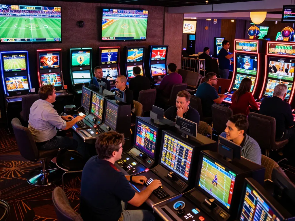 Kèo Nhà Cái sports betting area with excited players analyzing odds and engaging with live events.
