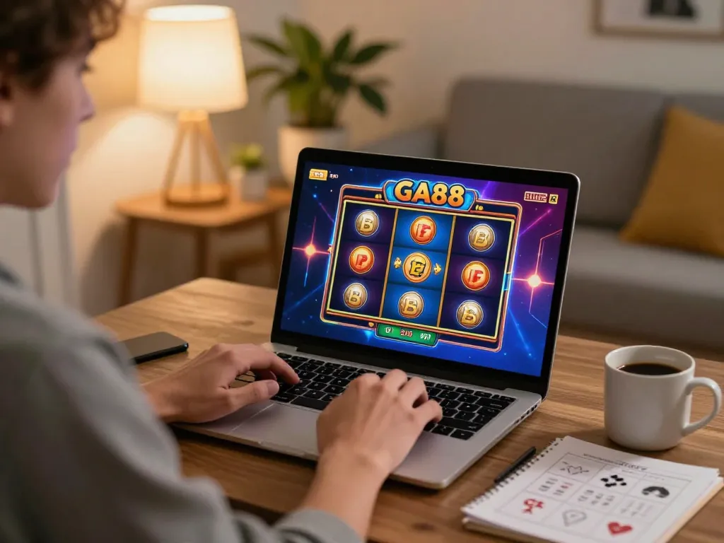 Person engaging with GA88 online slots in a warm, inviting home setting, emphasizing responsible gaming.