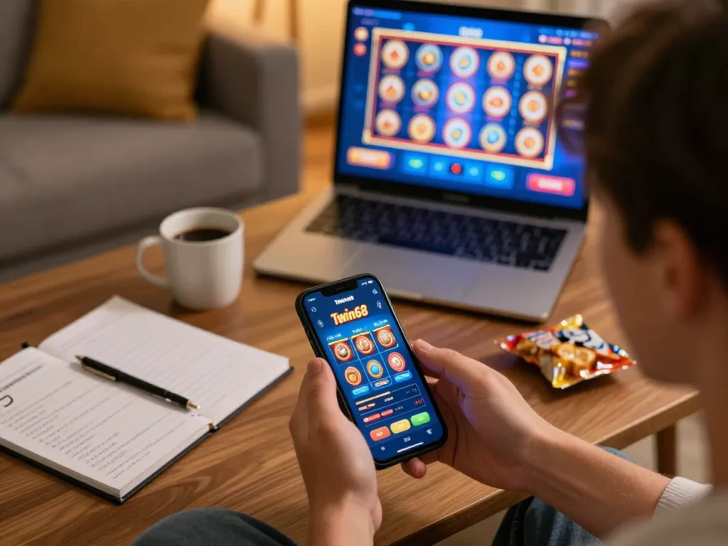 Twin68 casino app showcased on smartphone during engaging online gaming session at home
