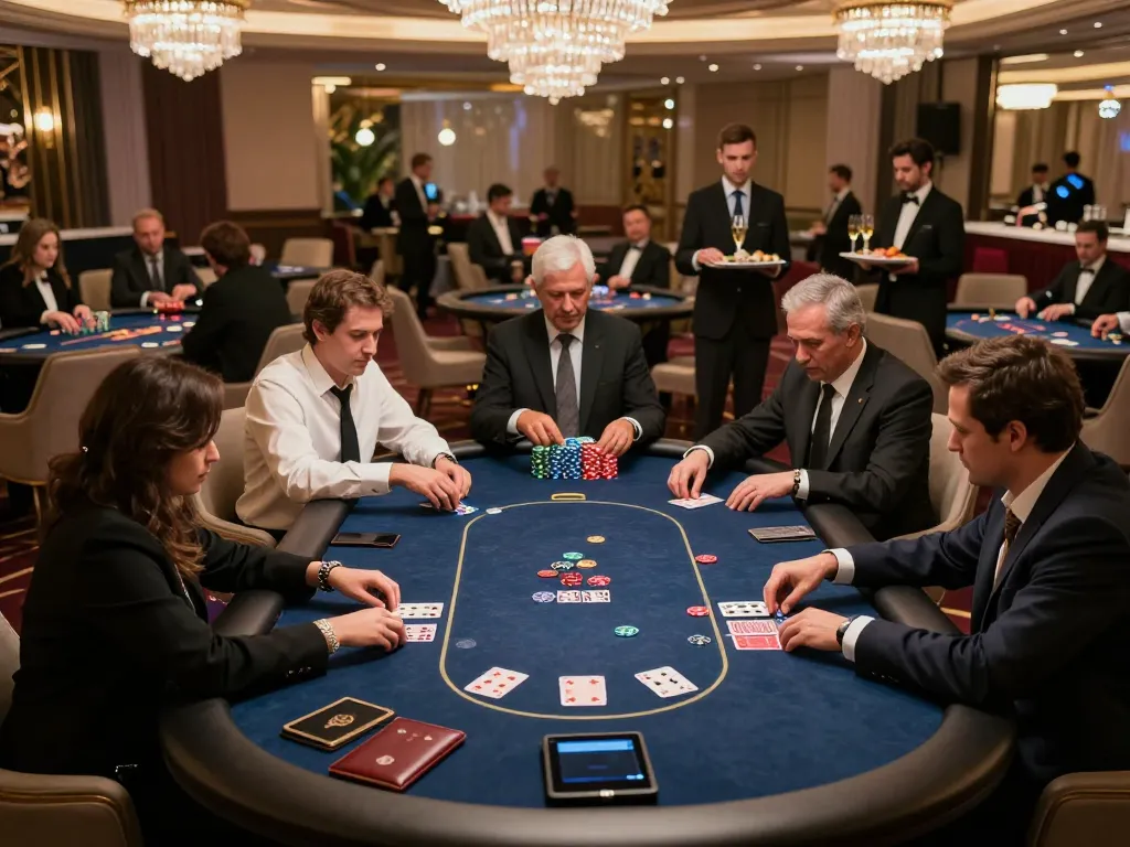 vin777 players enjoy a high-stakes poker game in an upscale casino VIP area showcasing elegance and excitement