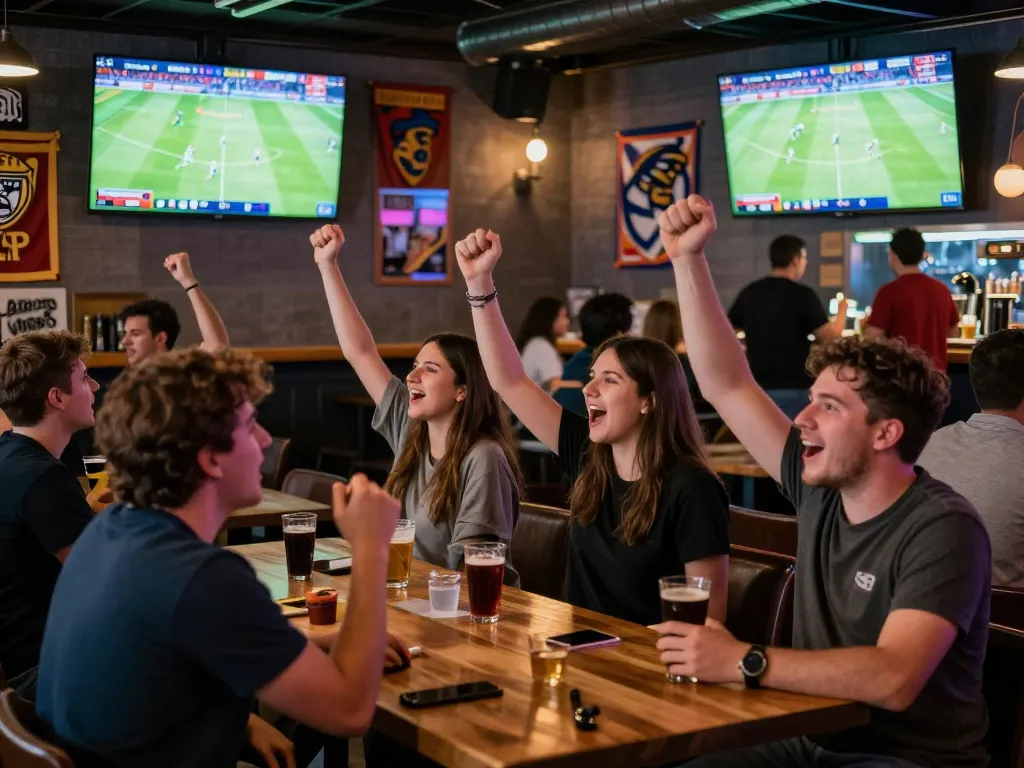 Cakhia TV streaming live football match in a sports bar, fans celebrating together, vibrant atmosphere