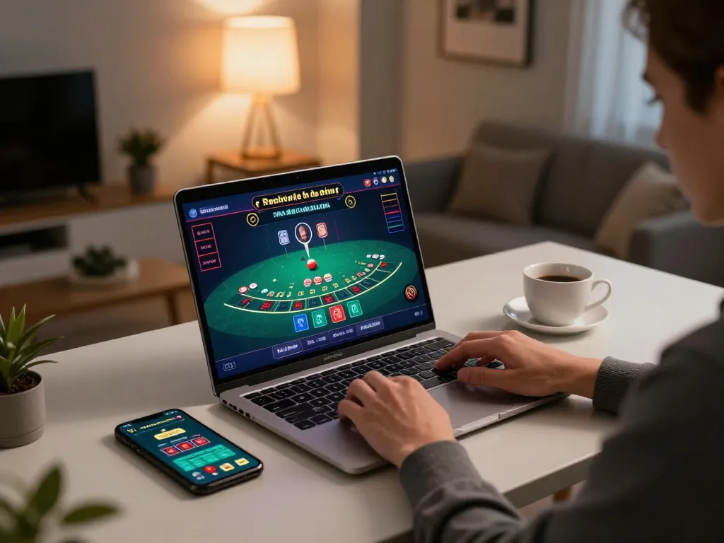 Engaging in xi88 online blackjack betting at home with laptop and mobile app, showcasing strategic gameplay
