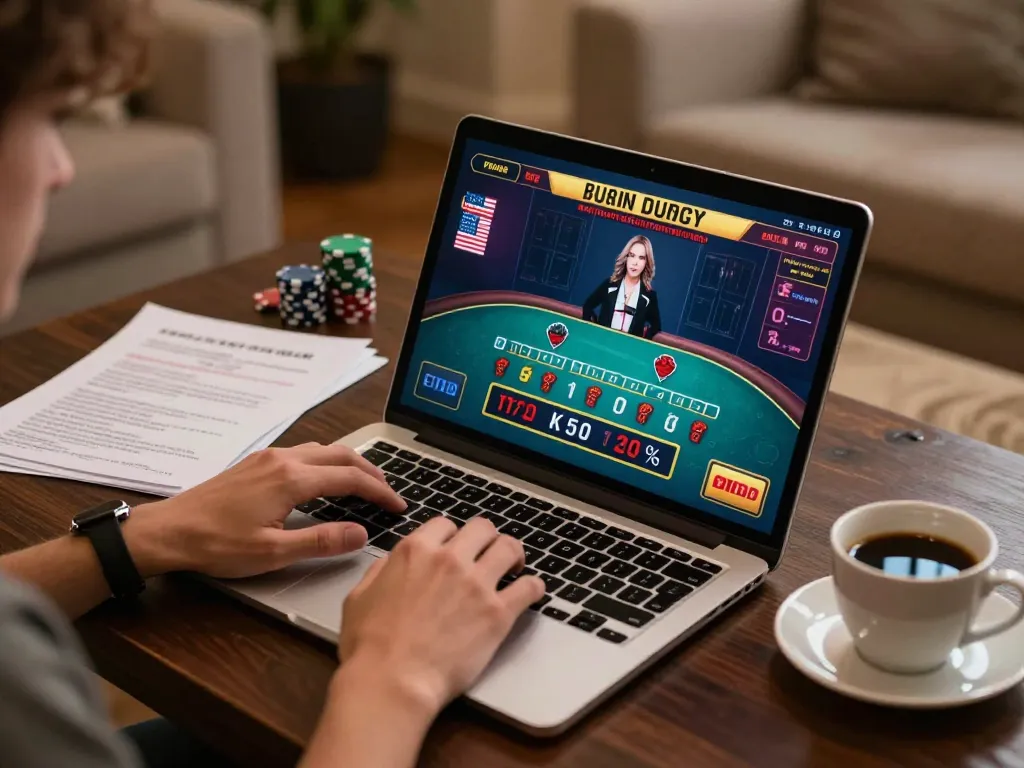 Engaged player enjoys live dealer blackjack on Hi 88 laptop in cozy room ambiance.