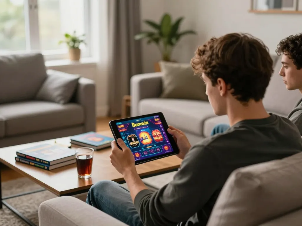Player engaging with Bomwin gaming app in a cozy home setting, showcasing a comfortable atmosphere.