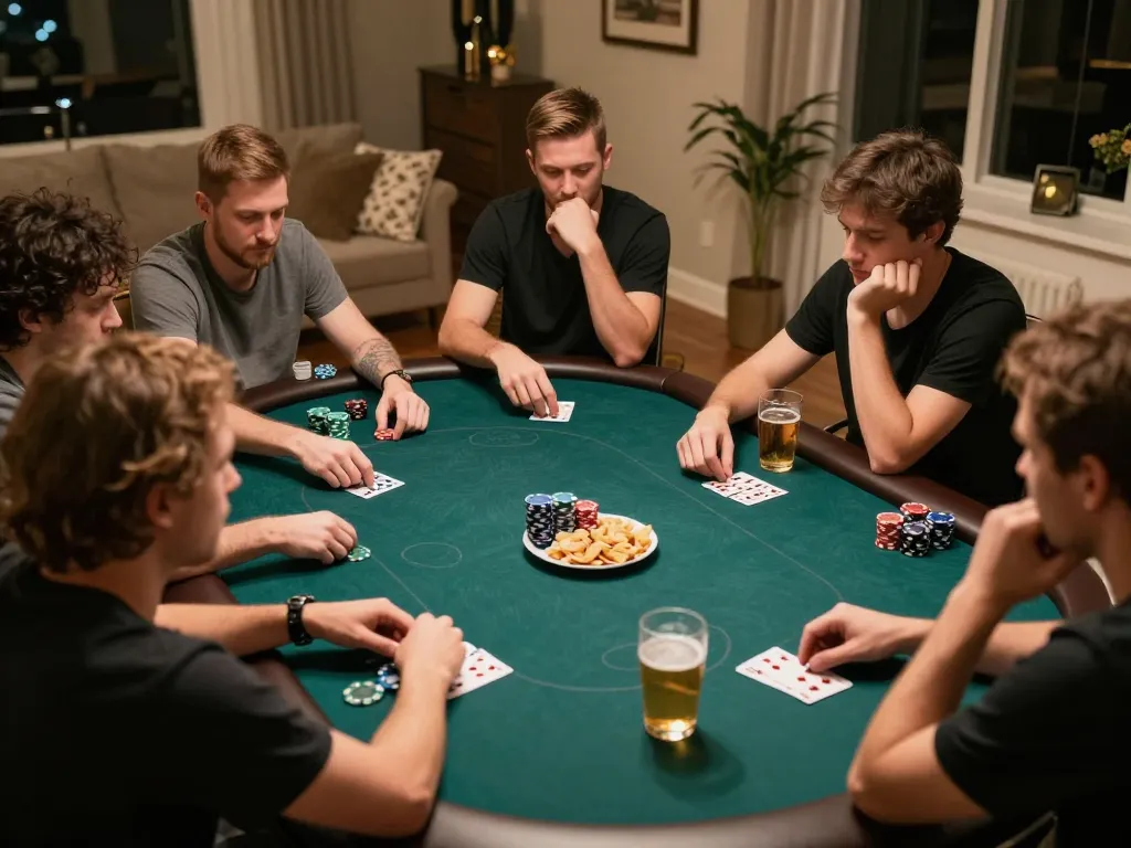 KONG88 vibrant home poker night with players engaged in competitive gameplay, lively atmosphere.