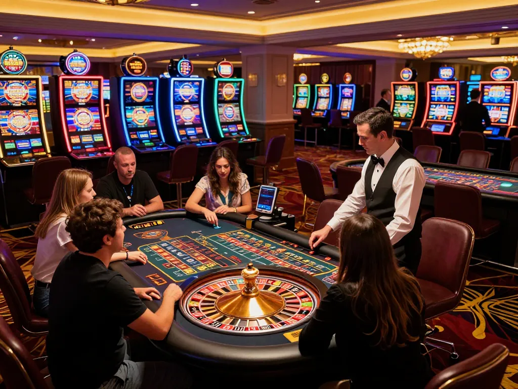 Players experiencing the excitement of the 99Win casino floor with vibrant slot machines and roulette action.