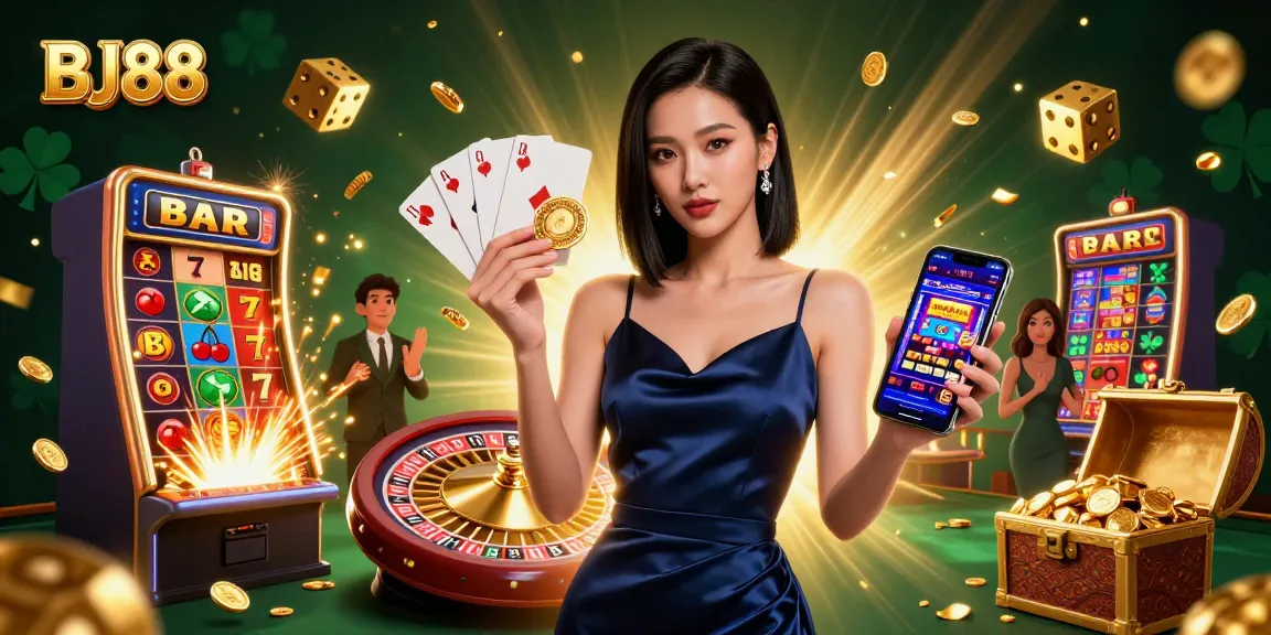 Experience the excitement of BJ88, where Asian beauty meets thrilling casino action with golden chips and vibrant game elements.