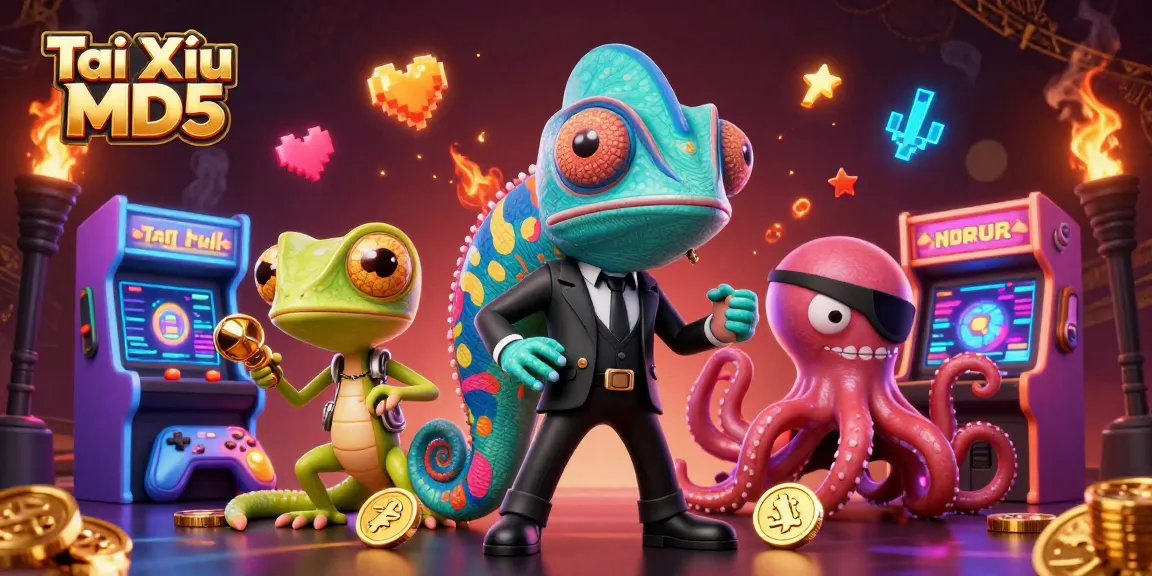 Tài Xỉu MD5 vibrant scene showcasing action-packed gaming elements with chameleon and gecko characters.