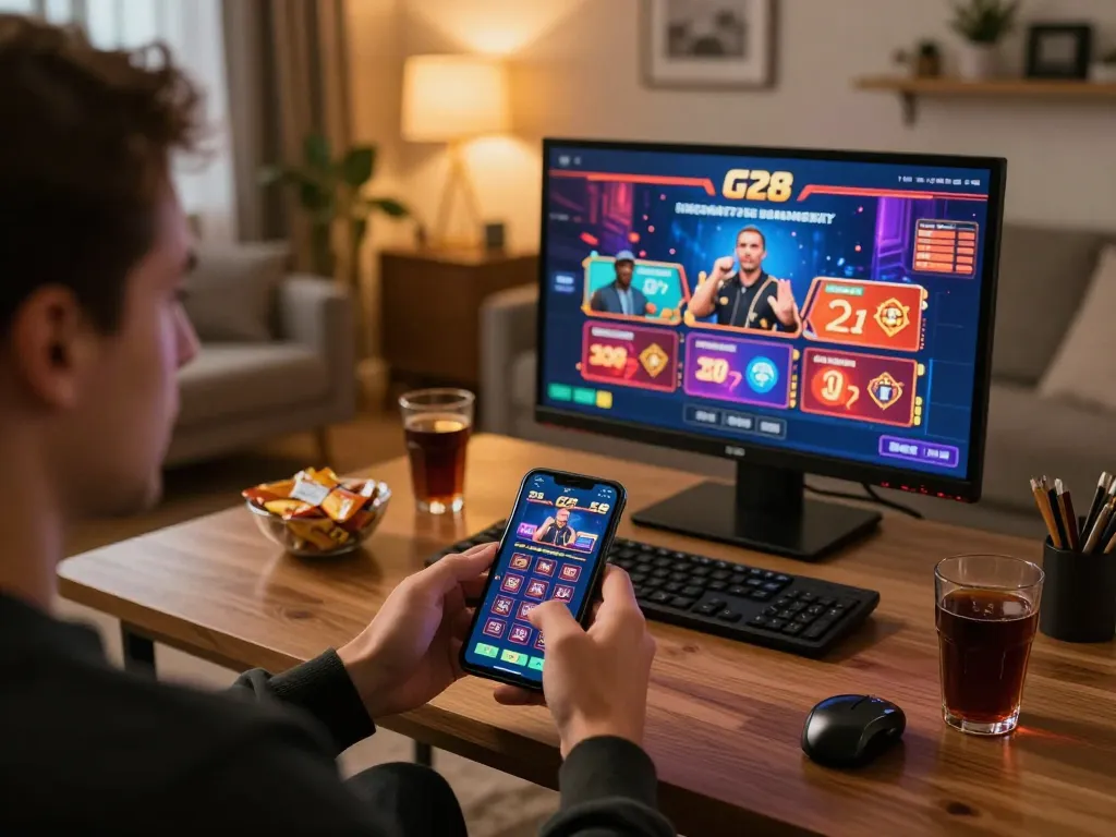 Engaging with the G28 casino app on smartphone while enjoying a vibrant gaming experience
