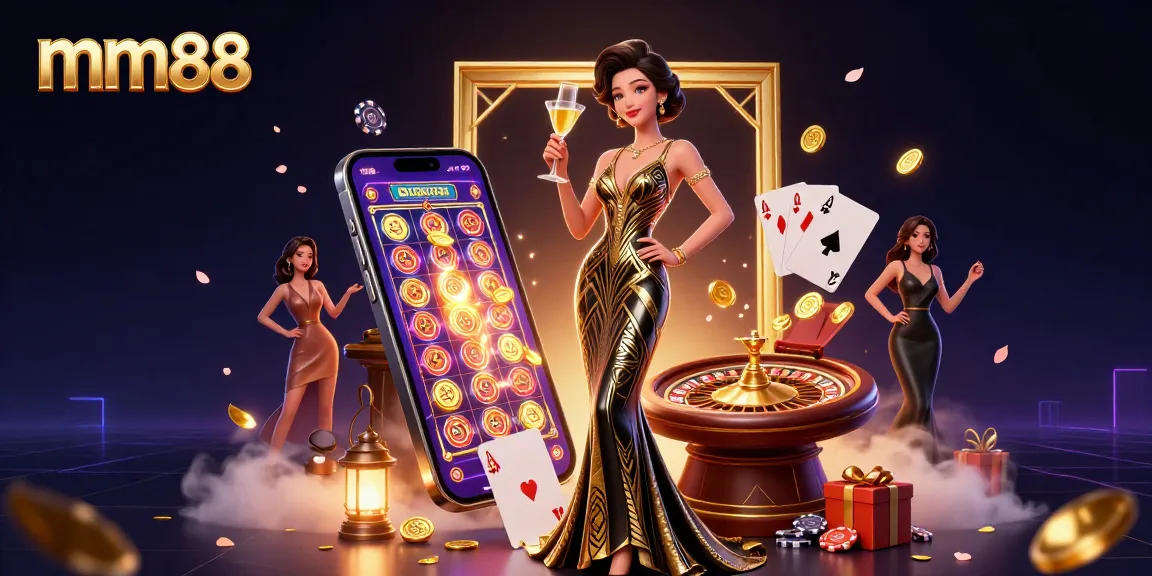 Engage in thrilling casino entertainment at mm88 with a glamorous scene featuring a classic roulette table and vibrant slot games.