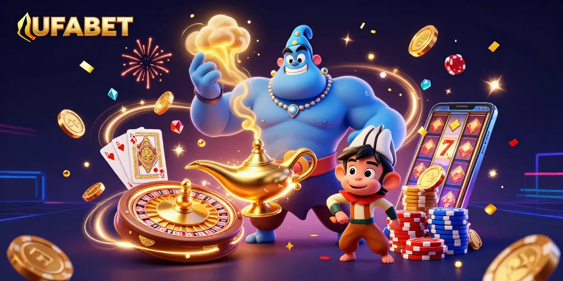Betting on UFABET with excitement as the animated genie bursts from his lamp while poker chips float around.