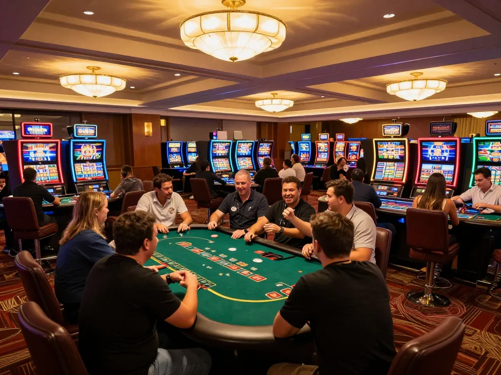Players enjoying games at mk8 casino, celebrating wins at colorful slots and poker tables