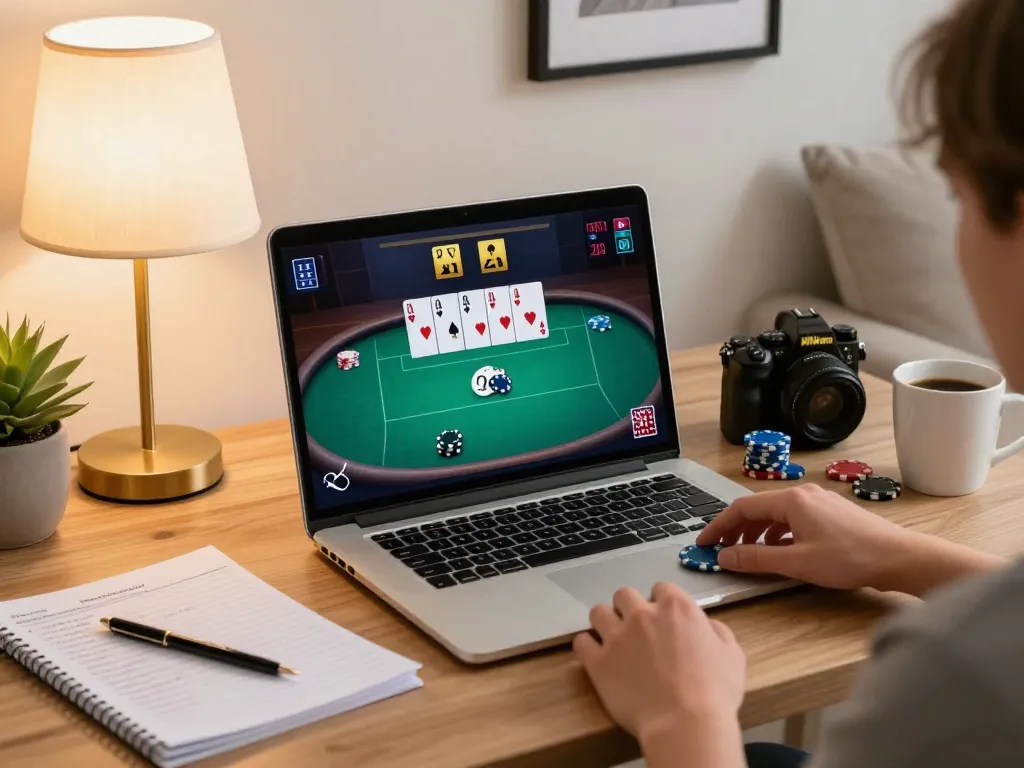 F168 player strategizing poker game on laptop with notes and coffee