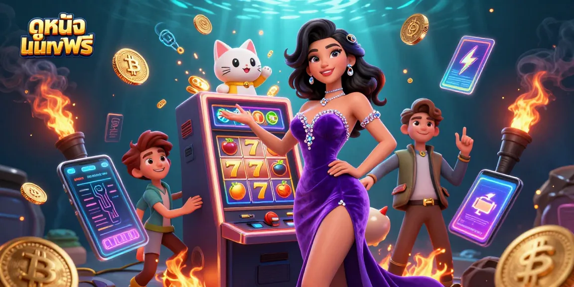 Play slots and win with ดูหนังออนไลน์ฟรี, showcasing cheerful characters in a vibrant casino scene.