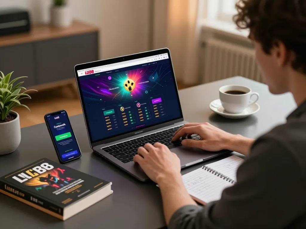 Player engaging with the LU88 online casino platform on a laptop, showcasing modern gaming setup