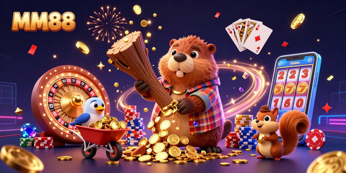 MM88 brings excitement with a cartoon beaver chopping a tree that rains golden coins during a vibrant casino scene.