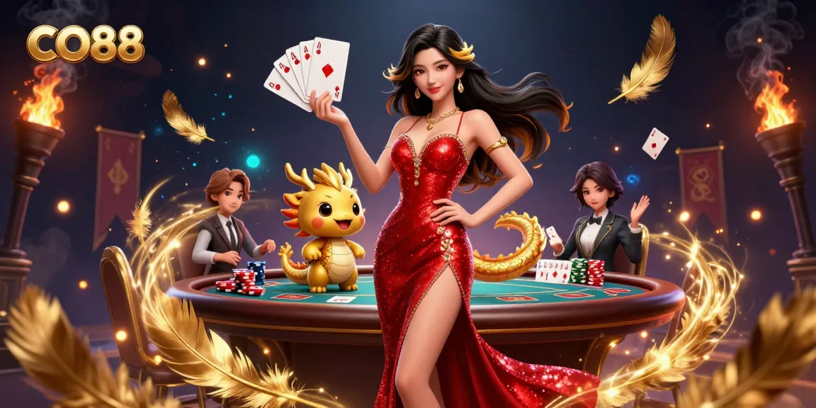 Engage in thrilling moments of CO88 poker gameplay with a welcoming Asian hostess and a golden dragon mascot!