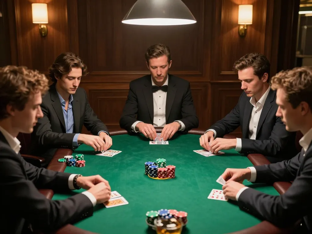 Players enjoying a competitive poker game at F168, showcasing strategy and focus amidst an elegant setting.