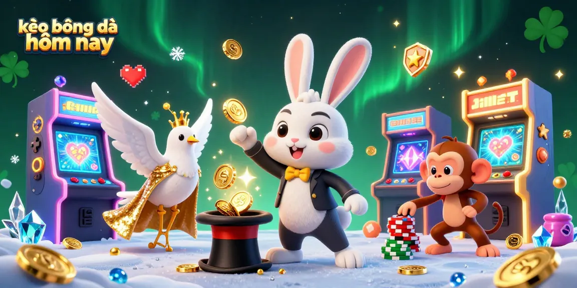 Engage with kèo bóng đá hôm nay as a 3D magician rabbit conjures coins among lively gaming elements.
