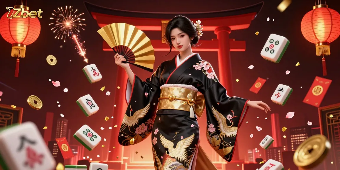 Zbet magic comes alive as an elegant Asian woman holds a fan surrounded by mahjong tiles and festive elements.