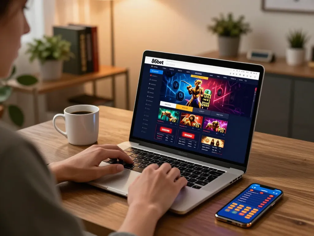 Engage with 86bet's dynamic online gaming experience featuring a stylish laptop setup for optimal betting.