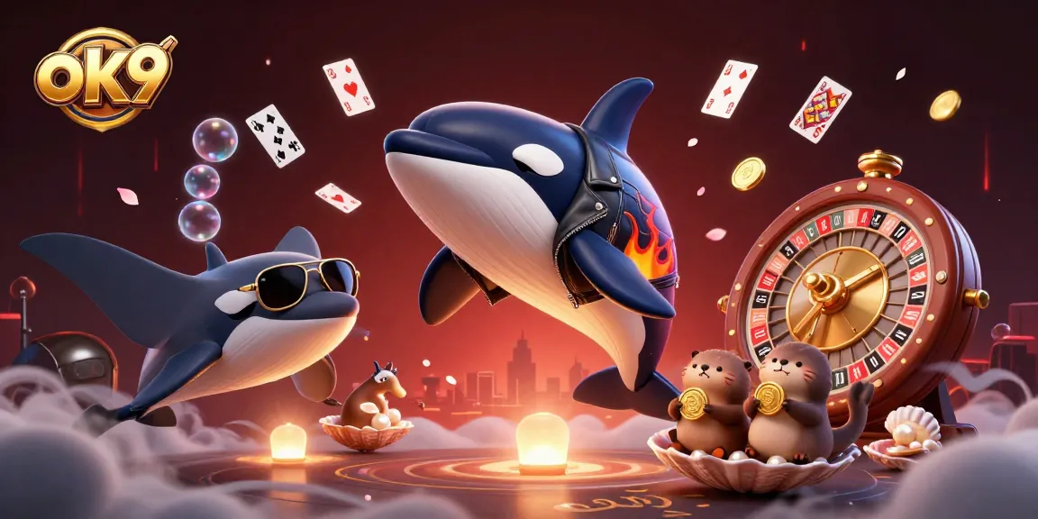 Engage with the exhilarating world of ok9 as an orca and stingray celebrate big wins amid dynamic casino elements.