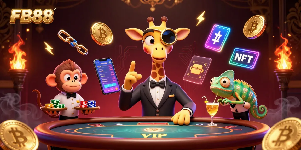 Join the excitement at FB88 with a high-roller giraffe enjoying poker surrounded by colorful crypto elements.