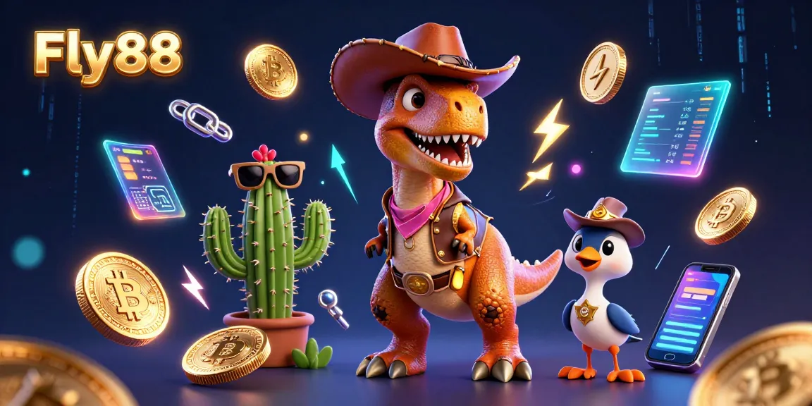Engage with the Fly88 dynamic scene featuring a cowboy dinosaur and crypto elements in gaming.