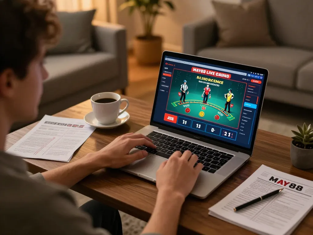 MAY88 player enjoying live casino gaming on a laptop, cozy home atmosphere.