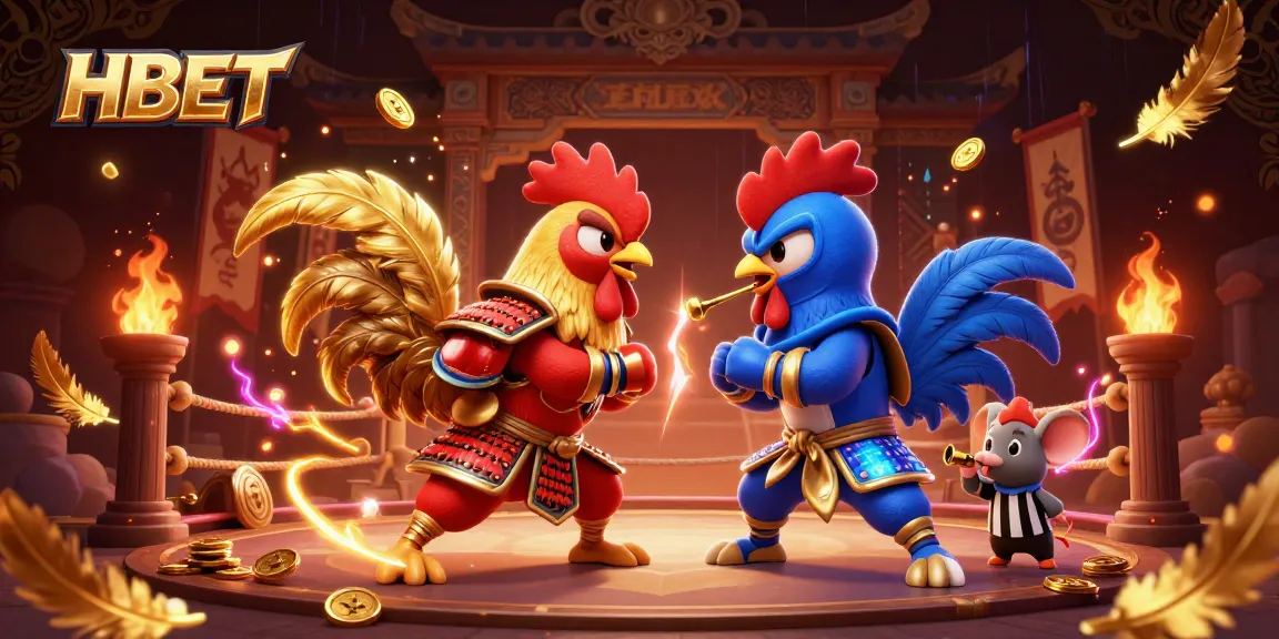 Engage with HBET as roosters clash in a vibrant, dynamic casino-themed battle scene.