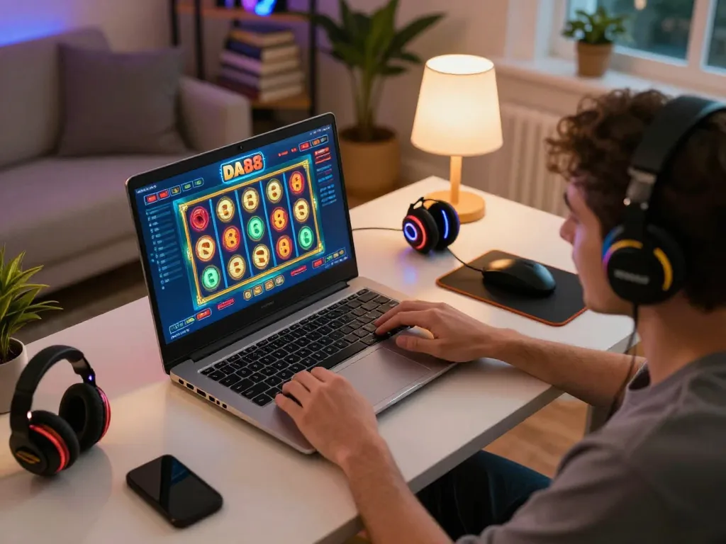 Engaging player experiencing DA88 online slot game, cozy atmosphere with stylish gaming setup.