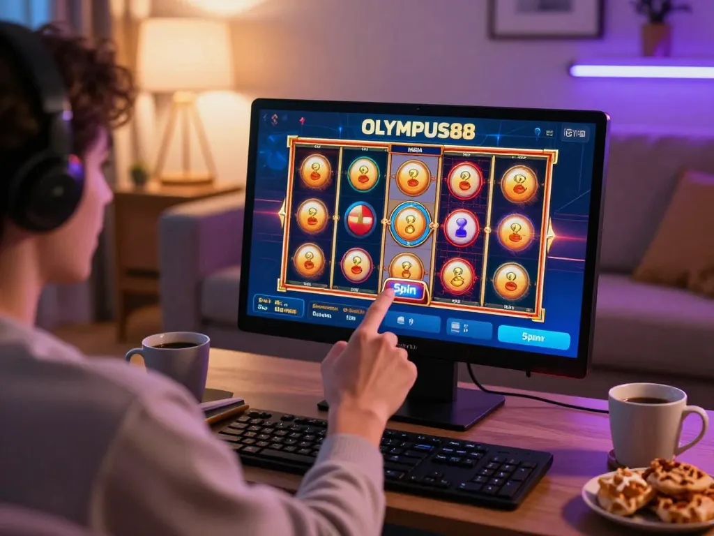 Player engaging with OLYMPUS88 app for exciting slot spins in a cozy living room.